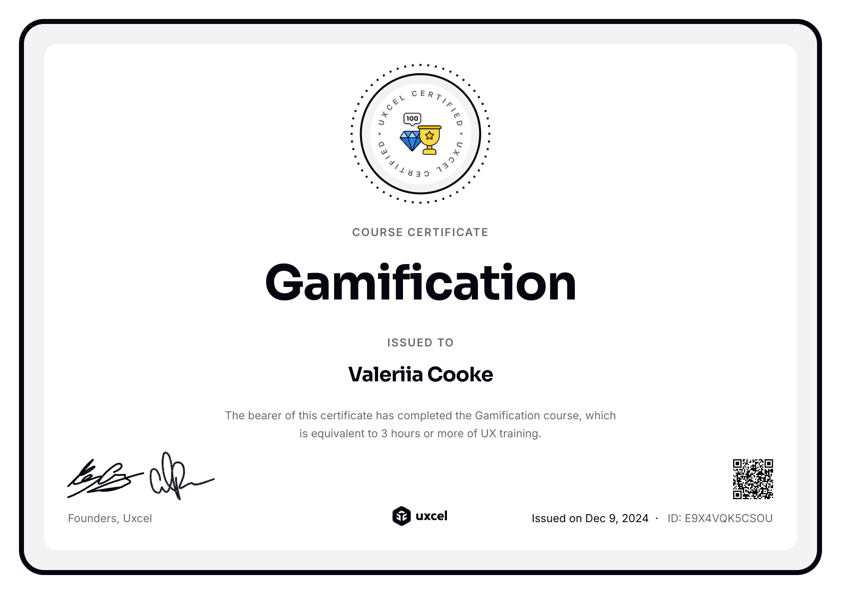 Valeriia Cooke's certificate